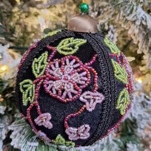 Hand beaded large fabric embroidered round ornament victorian black purple green